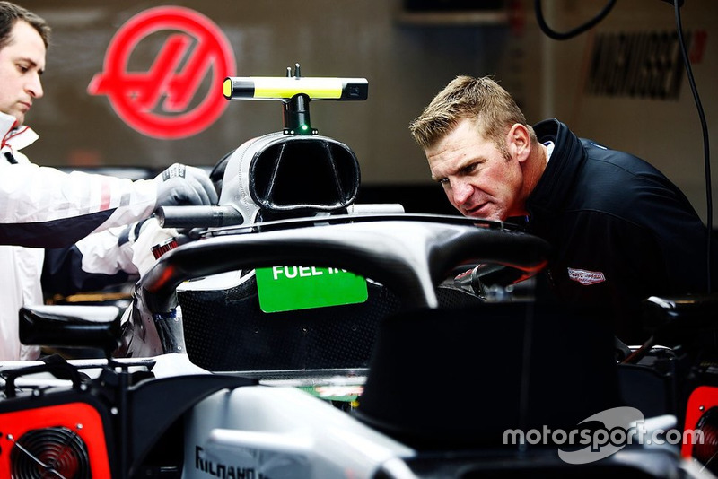 Clint Bowyer in the Haas garage