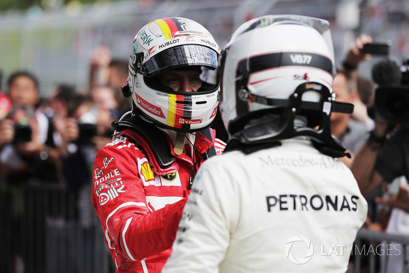 Sebastian Vettel, Ferrari, felicita a Sebastian Vettel, Ferrari, en parc ferme