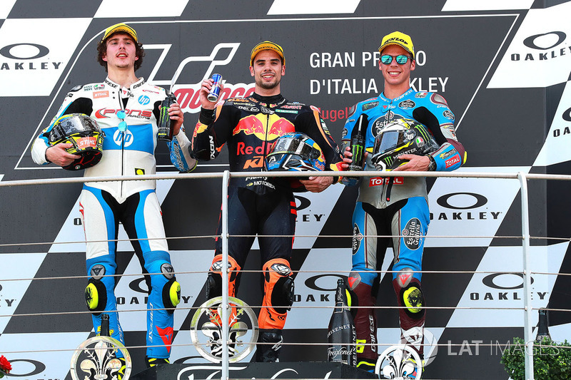 Podio: il vincitore della gara Miguel Oliveira, Red Bull KTM Ajo Moto2, il secondo classificato Lorenzo Baldassarri, Pons HP40 Miguel Oliveira, il terzo classificato Joan Mir, Marc VDS Moto2