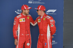 Sebastian Vettel, Ferrari e Kimi Raikkonen, Ferrari, festeggiano nel parco chiuso