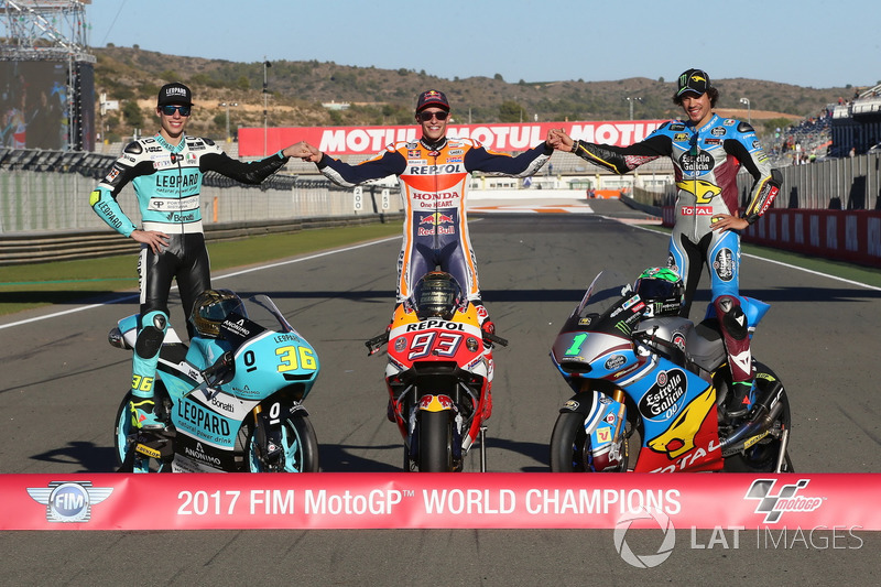 Il Campione del Mondo della Moto3 Joan Mir, Leopard Racing, il Campione del Mondo della MotoGP Marc Marquez, Repsol Honda Team, il Campione del Mondo della Moto2, Franco Morbidelli, Marc VDS