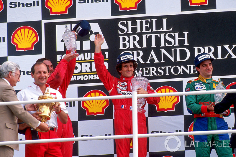 Podium: 1. Alain Prost, 2. Nigel Mansell, 3. Alessandro Nannini, mit Ron Dennis