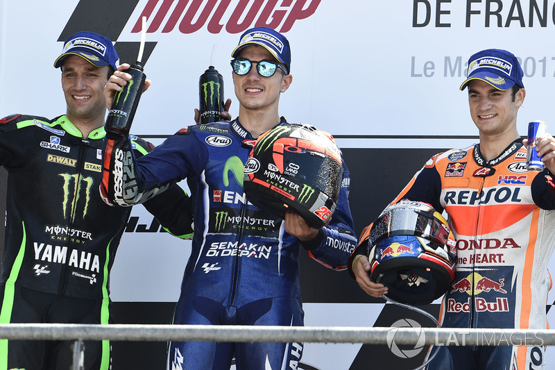 Podium: winner Maverick Viñales, Yamaha Factory Racing, second place Johann Zarco, Monster Yamaha Tech 3, third place Dani Pedrosa, Repsol Honda Team