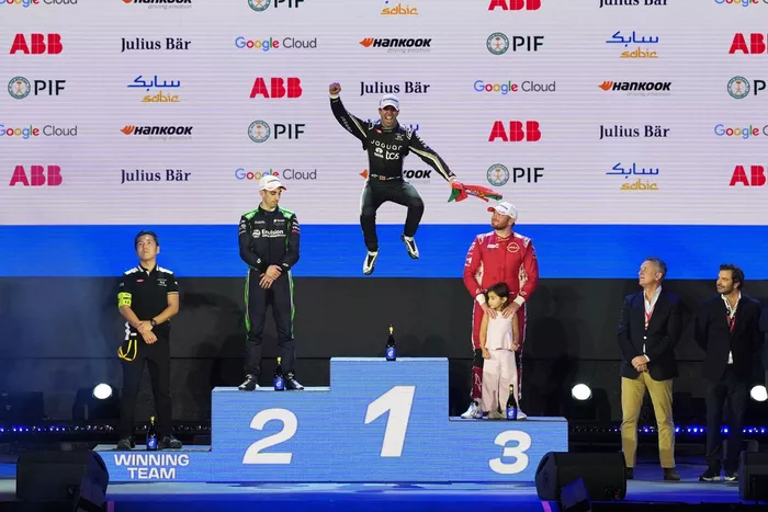 Race winner Antonio Felix Da Costa, Jaguar TCS Eacing, second place Sebastien Buemi, Envision Racing, third place Oliver Rowland, Nissan Formula E Team