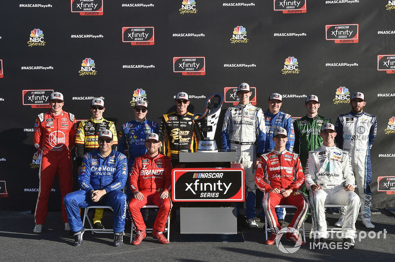 NASCAR Xfinity Series Playoff drivers Christopher Bell, Joe Gibbs Racing, Toyota Camry GameStop Tomb Raider, Brandon Jones, Joe Gibbs Racing, Toyota Camry Menards Mastercraft Doors, Tyler Reddick, JR Motorsports, Chevrolet Camaro Nationwide Children's, Daniel Hemric, Richard Childress Racing, Chevrolet Camaro South Point Hotel & Casino, Matt Tifft, Richard Childress Racing, Chevrolet Camaro KCMG, Cole Custer, Stewart-Haas Racing, Ford Mustang Haas Automation, Ryan Truex, Kaulig Racing, Chevrolet Camaro LeafFilter Gutter Protection, Ross Chastain, Chip Ganassi Racing, Chevrolet Camaro DC Solar, Elliott Sadler, JR Motorsports, Chevrolet Camaro Chevrolet OneMain Financial, Justin Allgaier, JR Motorsports, Chevrolet Camaro BRANDT Professional Agriculture, Ryan Reed, Roush Fenway Racing, Ford Mustang Drive Down A1C Lilly Diabetes, Austin Cindric, Team Penske, Ford Mustang, NASCAR Xfinity Series Playoffs