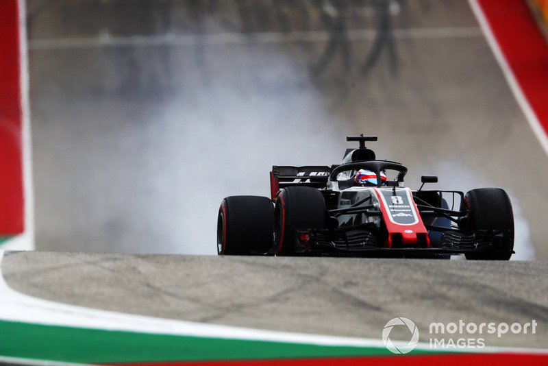 Romain Grosjean, Haas F1 Team VF-18, bloque ses roues