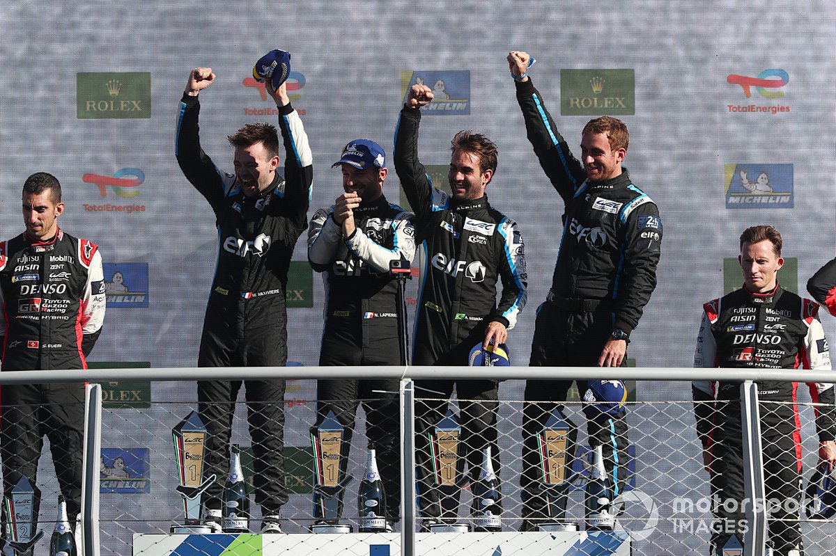 Podium: Race winner #36 Alpine Elf Team Alpine A480 - Gibson of Andre Negrao, Nicolas Lapierre, Matthieu Vaxiviere