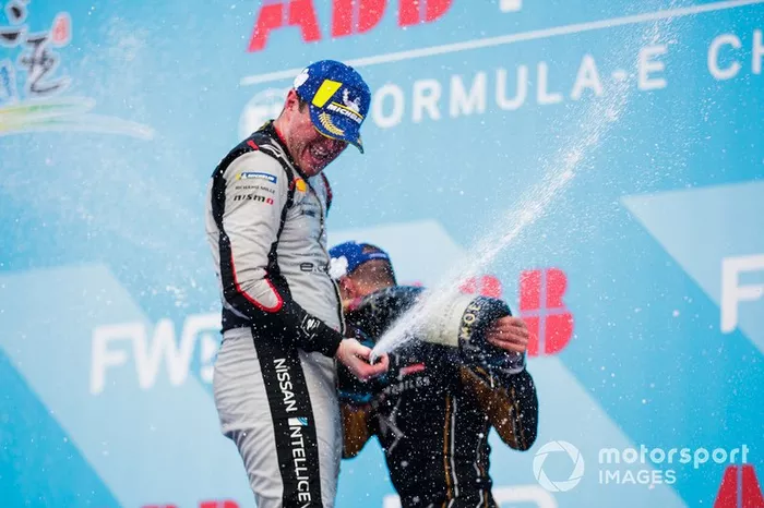 Jean-Eric Vergne, DS TECHEETAH, 1st position, Oliver Rowland, Nissan e.Dams, 2nd position, celebrate on the podium