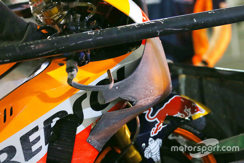 Marc Marquez, Repsol Honda Team, showing new aerodynamic fairing/wing after a crash