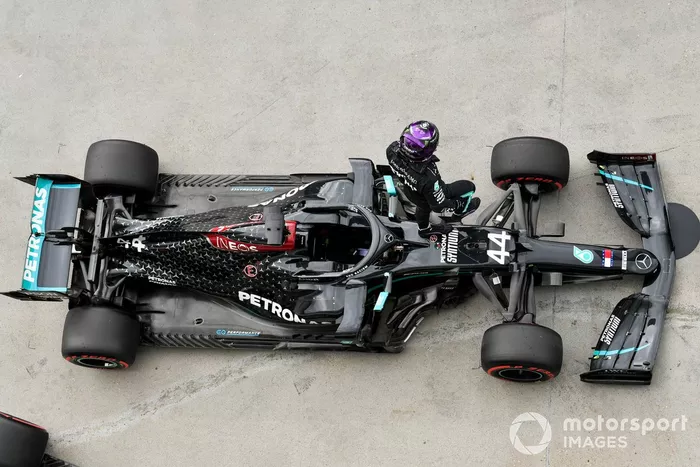 Lewis Hamilton, Mercedes-AMG Petronas F1, celebrates after securing pole position