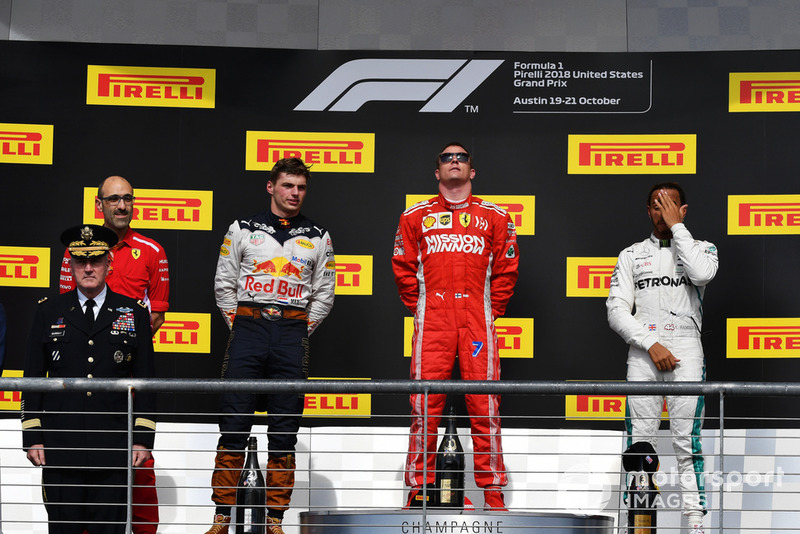 (L to R): Carlo Santi, Ferrari Race Engineer, Max Verstappen, Red Bull Racing, Kimi Raikkonen, Ferrari and Lewis Hamilton, Mercedes AMG F1 on the podium
