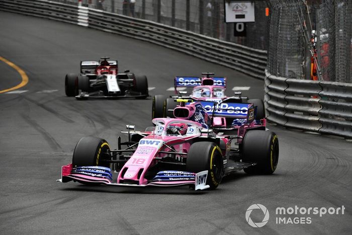 Lance Stroll, Racing Point RP19, Sergio Pérez, Racing Point RP19, y Kimi Raikkonen, Alfa Romeo Racing C38