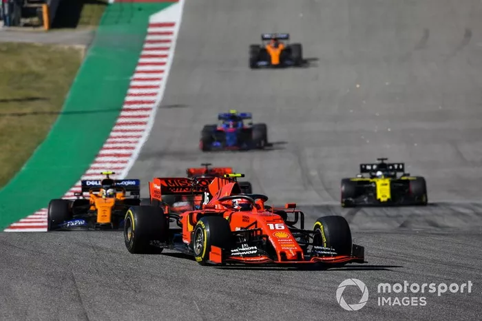 Charles Leclerc, Ferrari SF90, Lando Norris, McLaren MCL34, Daniel Ricciardo, Renault F1 Team R.S.19, Pierre Gasly, Toro Rosso STR14, and Carlos Sainz Jr., McLaren MCL34