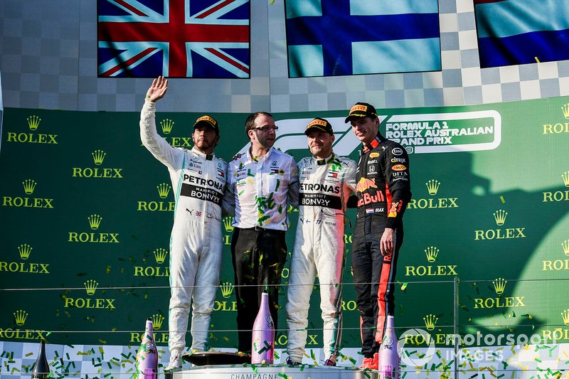 Podyum: 2. Lewis Hamilton, Mercedes AMG F1, yarış galibi Valtteri Bottas, Mercedes AMG F1, 3. Max Verstappen, Red Bull Racing