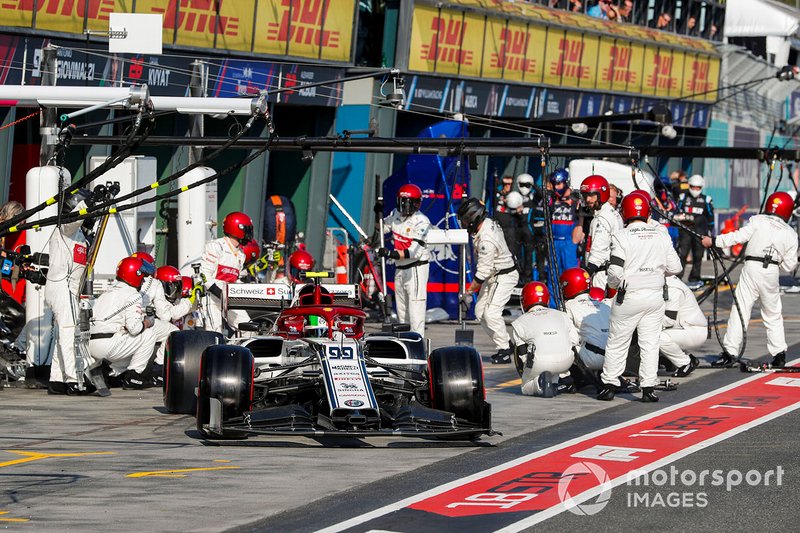 Antonio Giovinazzi, Alfa Romeo Racing C38, leaves his pit box after a stop