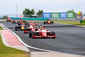 Oscar Piastri, Prema Racing, leads Logan Sargeant, Prema Racing, and Liam Lawson, Hitech Grand Prix