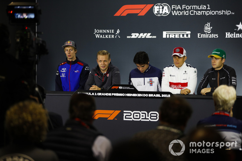 Brendon Hartley, Toro Rosso, Kevin Magnussen, Haas F1 Team, Lance Stroll, Williams Racing, Marcus Ericsson, Sauber, and Stoffel Vandoorne, McLaren, are filmed in the Thursday press conference