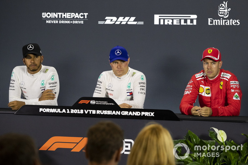 Lewis Hamilton, Mercedes AMG F1, Valtteri Bottas, Mercedes AMG F1 and Sebastian Vettel, Ferrari in press conference