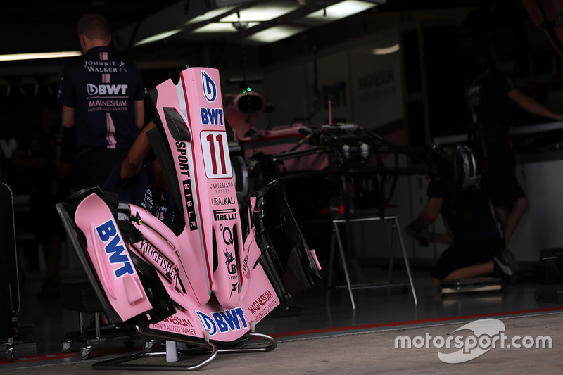 The bodywork detail of Sergio Perez, Sahara Force India VJM10 in the garage