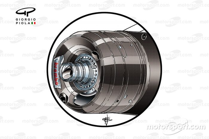 El conducto de freno delantero y el eje soplado del Ferrari F14 T
