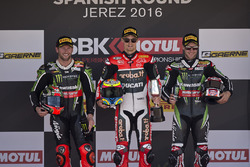 Podium : le vainqueur Chaz Davies, Ducati Team, le deuxième, Tom Sykes, Kawasaki Racing, le troisième, Jonathan Rea, Kawasaki Racing