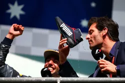 Podium: Daniel Ricciardo, Red Bull Racing with Mark Webber