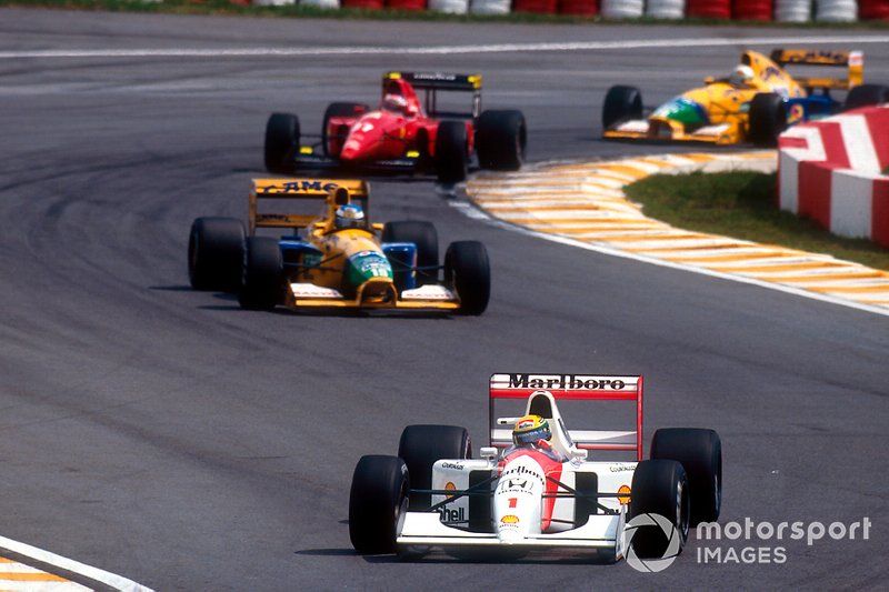 Ayrton Senna, McLaren MP4/7A Honda leads Michael Schumacher, Benetton B191B Ford, Jean Alesi, Ferrari F92A and Martin Brundle, Benetton B191B Ford