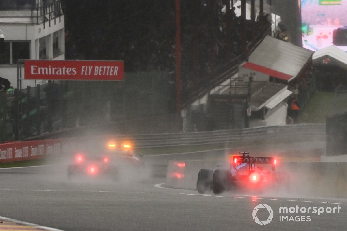 The Safety Car Max Verstappen, Red Bull Racing RB16B, and George Russell, Williams FW43B, out of the pits