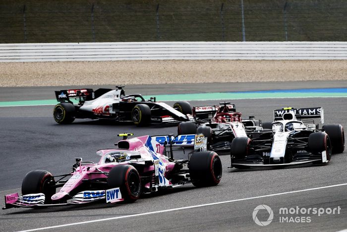 Nico Hulkenberg, Racing Point RP20, Nicholas Latifi, Williams FW43, Kimi Raikkonen, Alfa Romeo Racing C39, and Romain Grosjean, Haas VF-20