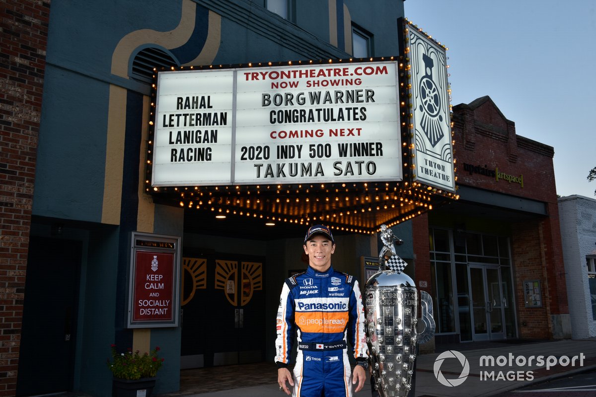 Takuma Sato with the Borg-Warner Trophy at Tryon Theatre