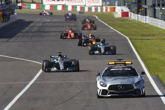 Safety Car leads Lewis Hamilton, Mercedes AMG F1 W09, leads Valtteri Bottas, Mercedes AMG F1 W09 and Max Verstappen, Red Bull Racing RB14