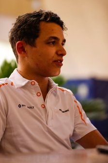Lando Norris, McLaren, talks to the media