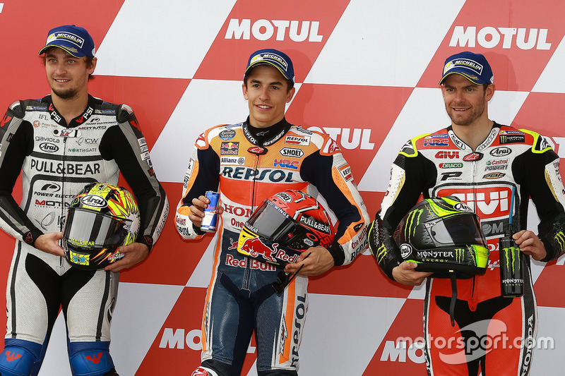 Calificación: segundo puesto Karel Abraham, Aspar Racing Team, ganador de la pole Marc Márquez, Repsol Honda Team y tercer puesto Cal Crutchlow, Team LCR Honda