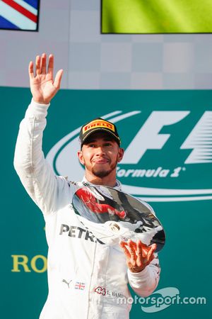 Lewis Hamilton, Mercedes AMG, 2nd Position, with his trophy