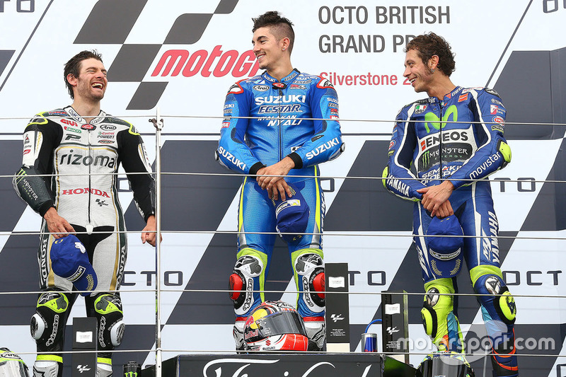 Podium: race winner Maverick Viñales, Team Suzuki MotoGP, second place Cal Crutchlow, Team LCR Honda, third place Valentino Rossi, Yamaha Factory Racing