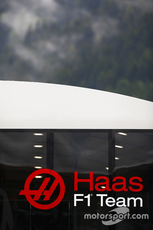 The Haas F1 Team logo on a hospitality unit