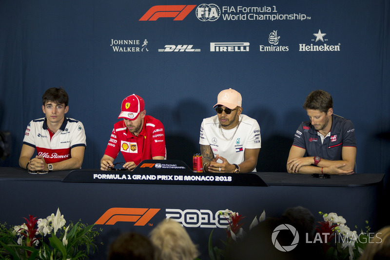 Charles Leclerc, Sauber, Sebastian Vettel, Ferrari, Lewis Hamilton, Mercedes-AMG F1 and Romain Grosjean, Haas F1 in the Press Conference