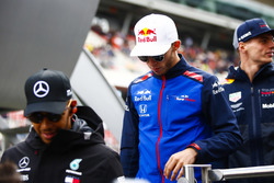 Lewis Hamilton, Mercedes AMG F1, Pierre Gasly, Toro Rosso, and Max Verstappen, Red Bull Racing, in the drivers parade