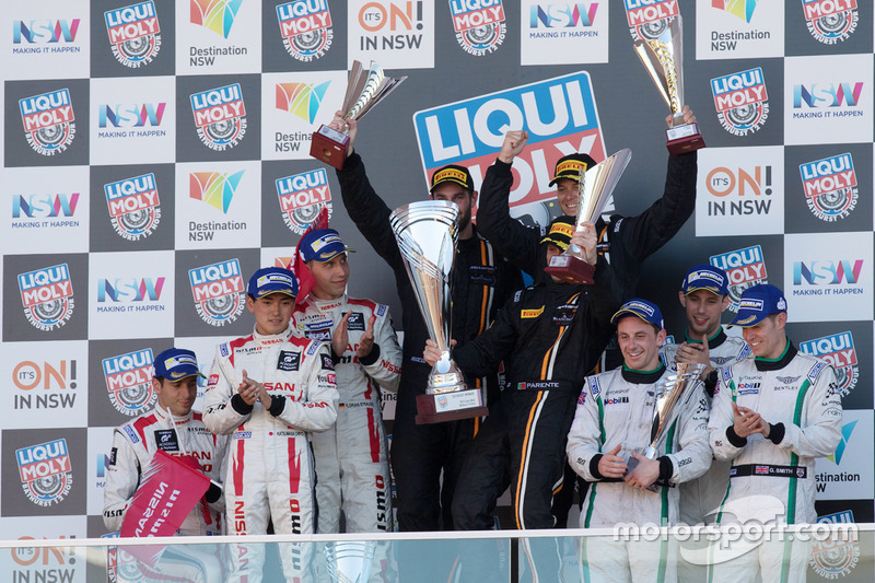 Podium: race winners Shane van Gisbergen, Alvaro Parente, Jonathon Webb, Tekno Autosports, second place Rick Kelly, Katsumasa Chiyo, Florian Strauss, Nissan Motorsports, third place Steven Kane, Guys Smith, Matt Bell, Bentley Team M-Sport