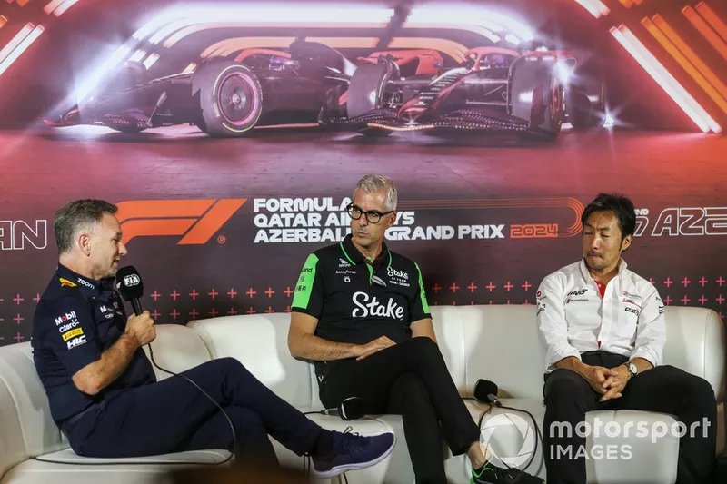 Christian Horner, Team Principal, Red Bull Racing, Alessandro Alunni Bravi, Team Representative, Stake F1 Team KICK Sauber, Ayao Komatsu, Team Principal, Haas F1 Team, in the Team Principals Press Conference