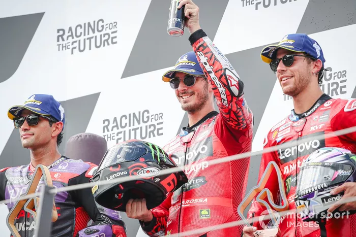 Francesco Bagnaia, Ducati Team, Enea Bastianini, Ducati Team, Jorge Martin, Pramac Racing podium