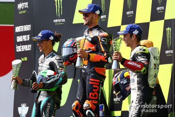 Podio: il vincitore della gara Brad Binder, Red Bull KTM Factory Racing, secondo classificato Franco Morbidelli, Petronas Yamaha SRT, terzo classificato Johann Zarco, Avintia Racing