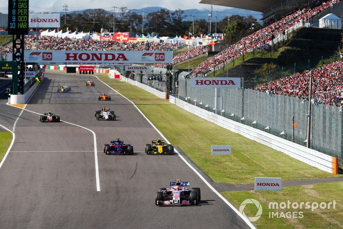 Esteban Ocon, Racing Point Force India VJM11, Brendon Hartley, Toro Rosso STR13, Carlos Sainz Jr., Renault Sport F1 Team R.S. 18, y Kevin Magnussen, Haas F1 Team VF-18