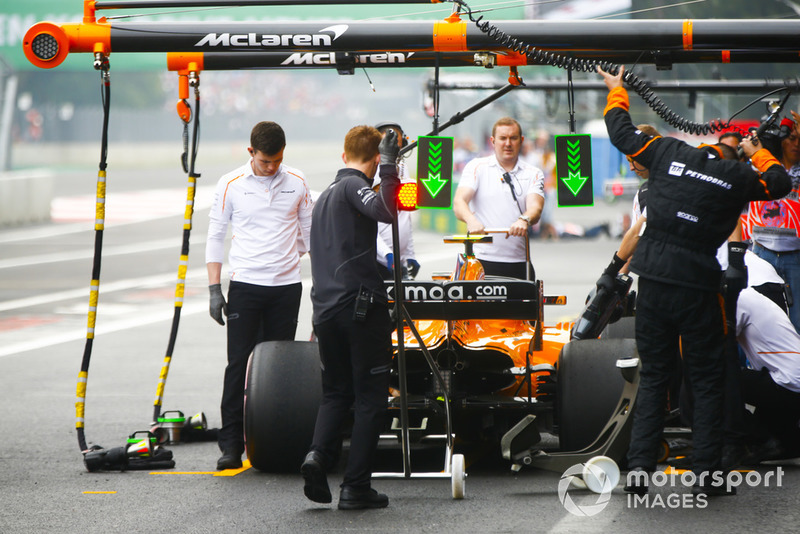 Stoffel Vandoorne, McLaren MCL33, in the pits during practice