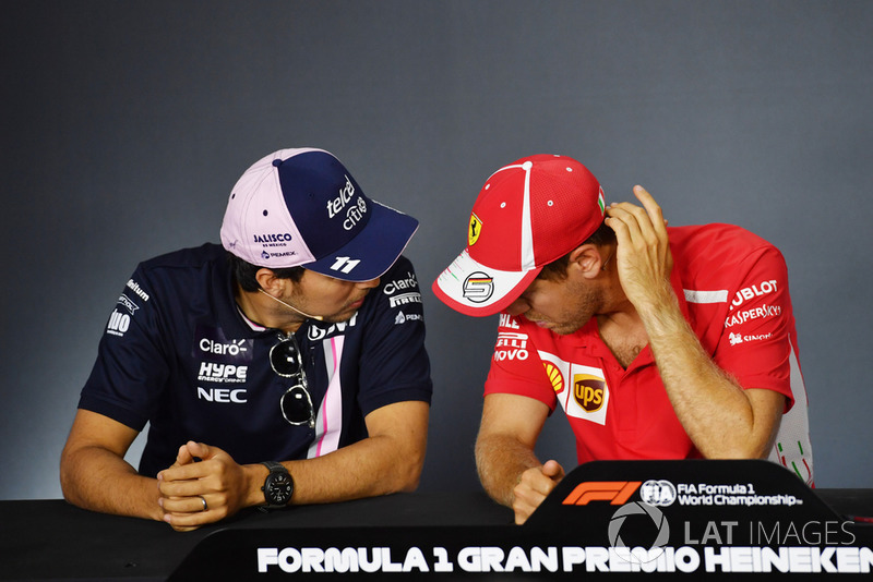 Sergio Perez, Racing Point Force India F1 Team e Sebastian Vettel, Ferrari alla Conferenza Stampa