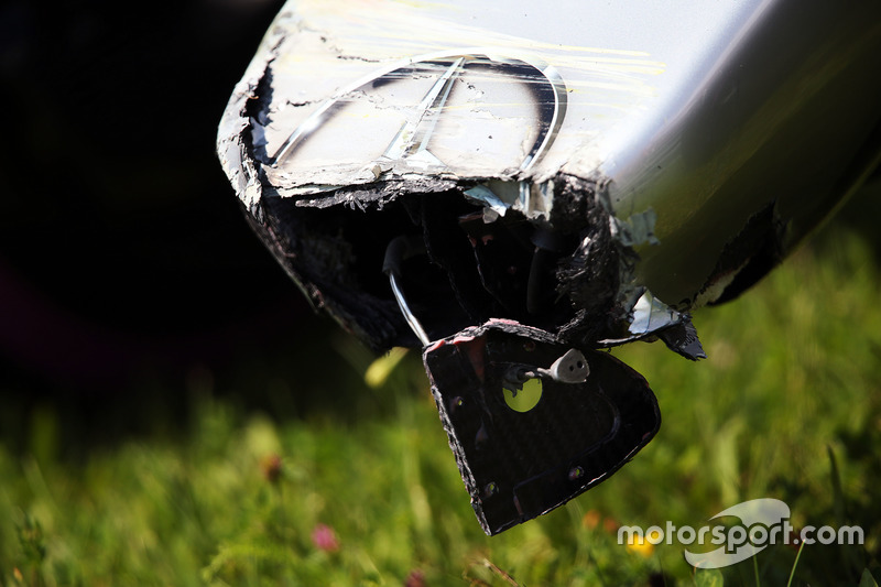 The damaged Mercedes AMG F1 W07 Hybrid nosecone of Nico Rosberg, Mercedes AMG F1 after he crashed