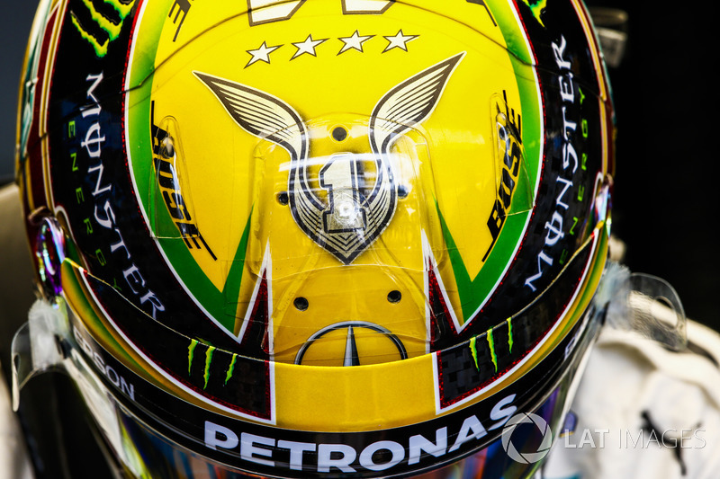 The helmet of Lewis Hamilton, Mercedes AMG F1, celebrating his fourth world drivers championship tit