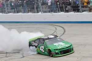 Kyle Larson, Chip Ganassi Racing, Chevrolet Camaro Clover, celebrates after winning.