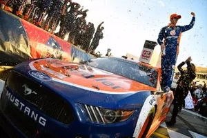 Brad Keselowski, Team Penske, Ford Mustang celebrates his win