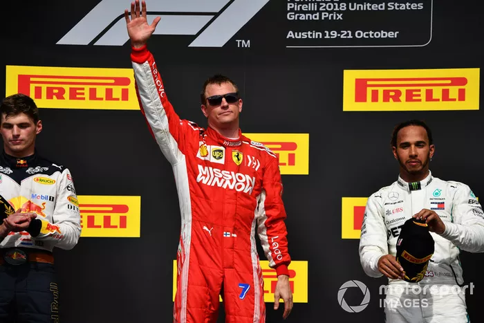 Podio: segundo lugar Max Verstappen, Red Bull Racing, ganador de la carrera Kimi Raikkonen, Ferrari y tercer lugar Lewis Hamilton, Mercedes AMG F1